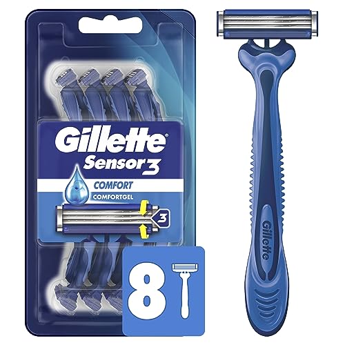 Gillette Sensor3 Comfort Disposable Razors for Men, 8 Count, Lubrastrip Glides Easily Over Your Skin - Blue - 8 Count (Pack of 1)