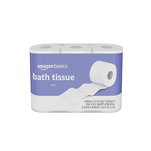 Amazon Basics 2-Ply Toilet Paper 6 Rolls = 24 Regular Rolls, 350 Sheets, (1 Pack of 6), Unscented - 350 sheet (Pack of 6)