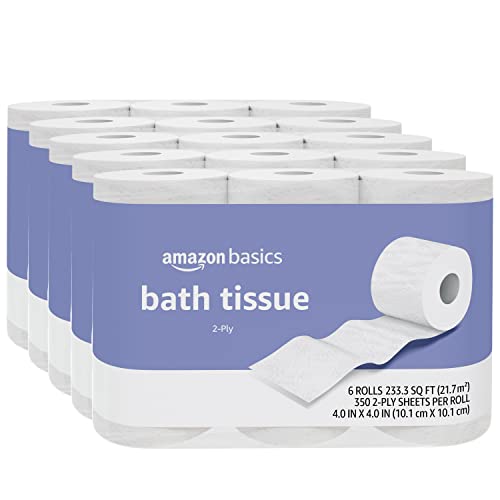 Amazon Basics 2-Ply Toilet Paper, Unscented, 30 Rolls (5 Packs of 6), White (Previously Solimo) - 2100 Count (Pack of 5)