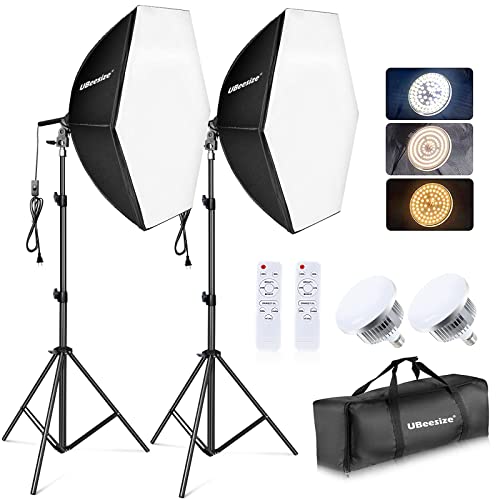 UBeesize Softbox Photography Lighting Kit, Continuous Lighting Kit with 30" x 30" Reflector and 3 Color Temperature 85W 3000K-7500K Bulb, Photo Studio Lighting for Video Recording, Portrait Shooting - Hexagon Softbox+Dimmable Bulb