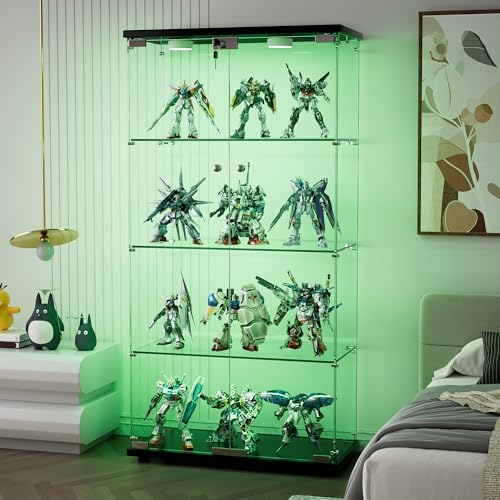 Yoluckea Glass Cabinet with LED Light, 4 Shelves Glass Display Cabinet w/2 Doors,Floor Standing Clear Glass Curio Cabinet Collection Display Cabinet for Living Room Bedroom 64.7” x 31.7” x 14.3” Black - Black-2 Doors 4 Shelves With Light