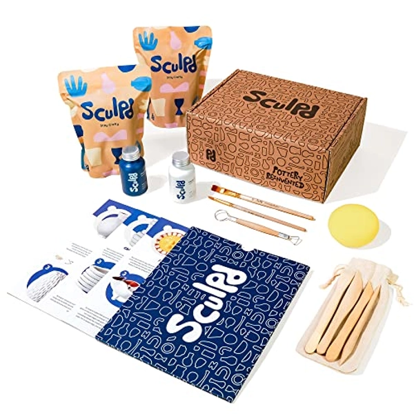 SCULPD Pottery Kit, Air-Dry Clay Starter Kit for Beginners with Matte Varnish, Paint, Tool Set, Paintbrushes, Sponge and Step-by-Step Guide