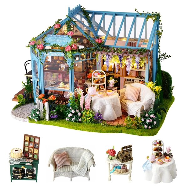Cuteroom DIY Mini Dollhouse Wooden Furniture Kit,Rose Garden Tea House - Handmade Cottage Hut Small House with Music Box - for Assembling Birthday Gifts