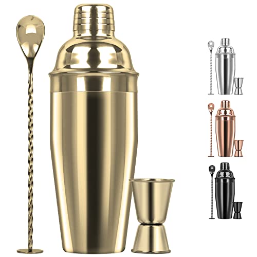 Tiawudi Large 24oz Cocktail Shaker Set, Stainless Steel 18/8 Martini Mixer Shaker with Built-in Strainer, Measuring Jigger & Mixing Spoon, Martini Shaker Set, Perfect for Bartender and Home Use, Gold - 3 Pk. - Gold