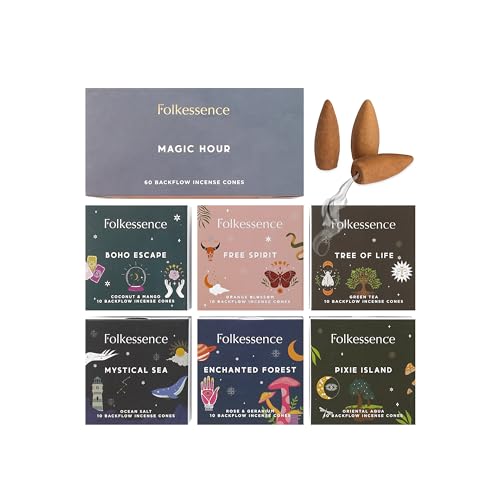 Folkulture Backflow Incense Cones for Waterfall, Set of 6 Waterfall Incense Cones Scented- Ocean Salt Green Tea Rose & Geranium Orange Blossom Coconut & Mango Oriental Aqua Insense Cones (Magic Hour) - Magic Hour - Pack of 6 (60 Cones)