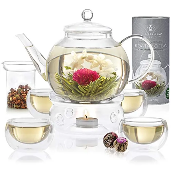 Teabloom Complete Tea Set – Glass Teapot (40 oz), Loose Tea Glass Infuser, 4 Insulated Glass Teacups, Tea Warmer, and 12 Flowering Teas – Elegant Blooming Tea Gift Set