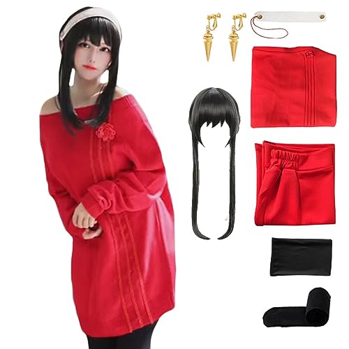 OIHFSC Yor Forger Cosplay Costume Anime Family Spy Cosplay Red Sweater Dress Women Off Shoulder Bodycon Sweater Dresses - Yor Forger Red Sweater(wig) - Medium
