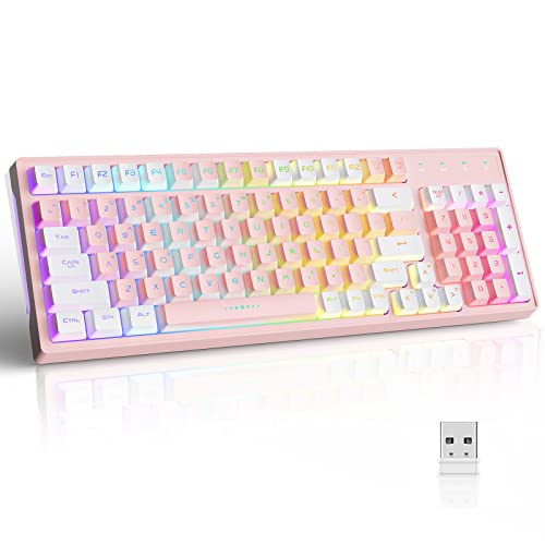 KOLMAX GK98 Wireless Gaming Keyboard,2.4G Rechargeable RGB Pink Gaming Keyboard,RGB Backlit Ergonomic 98 Keys Dual Color Mechanical Feeling Wireless Keyboard for Office Windows PC Mac Game PinkWhite - Pink