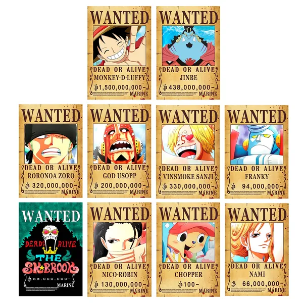 10pcs 28.5cm×19.5cm New Edition One Piece Pirates Wanted Posters, Straw Hat Pirates Crew Luffy Chopper Zoro Nami Usopp Sanji Jinbe Franky Brook Robin - RM10