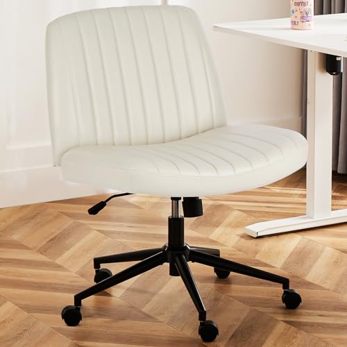 DUMOS Criss Cross Chair with Wheels, Cross Legged Office Chair Armless Wide Desk Chair with Dual-Purpose Base, Adjustable Swivel Leather Task Vanity Home Office Desk Chair, Cream - Cream - With Wheels