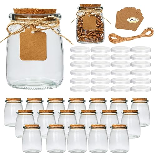 Brajttt Mini Yogurt Jars 30 Pack, 7 oz Glass Favor Jars with Cork Lids, Pudding Containers with Lids, Mason Jar Wedding Favors Honey Pot with Label Tags and String - 30