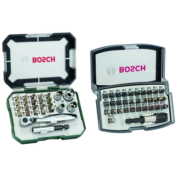 Bosch 26tlg. Schrauberbit- und Ratschen-Set (Extra harte Qualität, Zubehör Bohrschrauber und Schraubendreher) & 32tlg. Schrauberbit Set - Bundle mit Schrauberbit Set