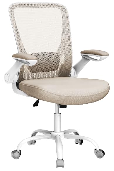 SONGMICS bureaustoel, bureaustoel, draaistoel met gaasbekleding, ergonomische, gecapitonneerde lendensteun, wipfunctie, zitting 53 cm, opklapbare armleuningen, havermoutbeige OBN037K02 - Havermout beige