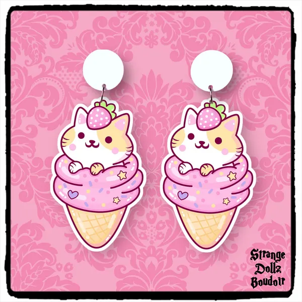 Cute cat earrings, 925 sterling silver, strawberry, ice cream, Cute pastel