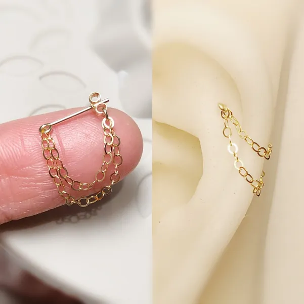 Dainty 14k rose/gold filled-925 sterling silver double chains cartilage earring helix jewelry