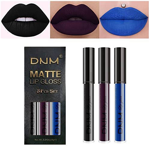 evpct 3Pcs Dark Blue Black Purple Matte Lip Liner and Liquid Lipstick Stain Makeup Set Long Lasting Smudge Proof Dnm Permanent Lipstick 24 Hours Original 24h Lip Liner - 3 Count (Pack of 1) - A-Set07