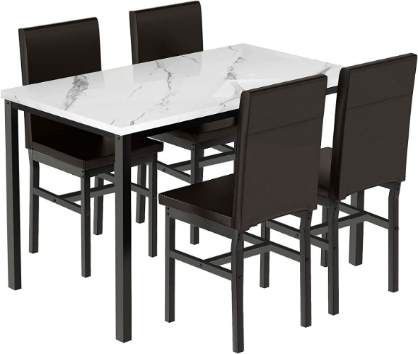 Recaceik Dining Table Set for 4, Kitchen Table and Chairs Set with Faux Marble Tabletop & 4 Leather Upholstered Chairs for Kitchen Dining Room, Breakfast Nook, Compact Space, Dinette Set, White+Brown - White+brown