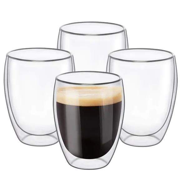 ComSaf Double Wall Glass Cups 12 OZ - Set of 4, Insulated Thermal Mugs Drinking Glasses for Tea, Coffee, Latte, Cappucino, Cafe, Milk (Clear) - 4 12 oz