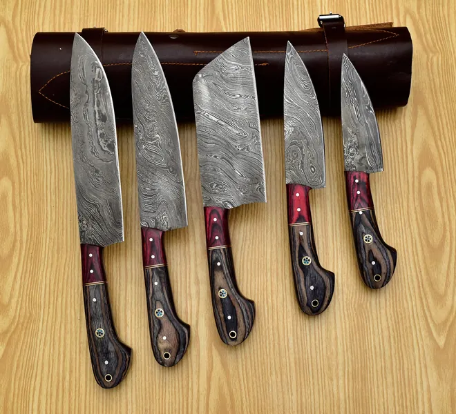 Handmade Damascus Chef set Of 5pcs With Leather,Damascus Knife Set,Damascus Chef Knife,Full Kitchen Knife Set,Damascus Chef Set,Newly Design