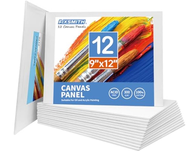 FIXSMITH Painting Canvas Panels - 9x12 inch Professional Quality Canvas Painter Paper Boards,Super Value 12 Pack,100% Cotton,Back to School,Primed,Acid Free,Suitable for Professionals,Artists,Beginners,Hobby Painters,Students & Kids - 9"x12"-12Pack - 12