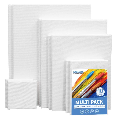 FIXSMITH Stretched White Blank Canvas- Multi Pack 4x4",5x7",8x10",9x12",11x14" (2 of Each),Set of 10,100% Cotton,Primed,for Acrylic,Oil,Other Wet or Dry Art Media,for Artists,Kids,Beginners and More. - Variety 10 Pack