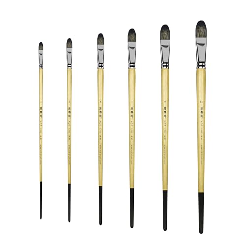 XDT#6386 Filbert Artist Paint Brush 6 Piece Set Medium Stiff Black Hog Bristle Extra Long Handle #1#3#5#7#9#11, Acrylic Oil Watercolor - #1#3#5#7#9#11