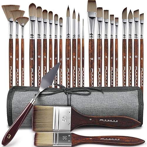25pcs Paint Brush Set, Fuumuui Acrylic Paint Brushes, Professional Artist Series with Wide Flat, Filbert, Fan, Dagger, Cat Tongue, Round, Angle, Rigger for Oil, Acrylic Canvas Paintings, Face Painting - Brown