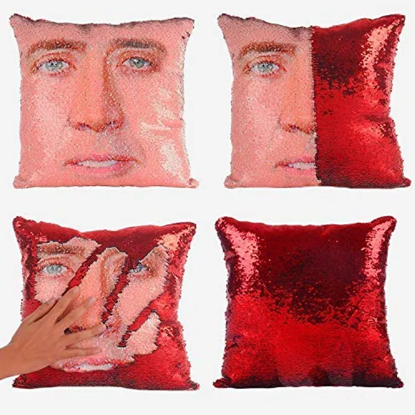 Nicolas Cage Mermaid Pillow Cover, Nicolas Cage Pillow Case Magic Reversible Sequin Pillow Cover Decorative Throw Cushion Case - 
