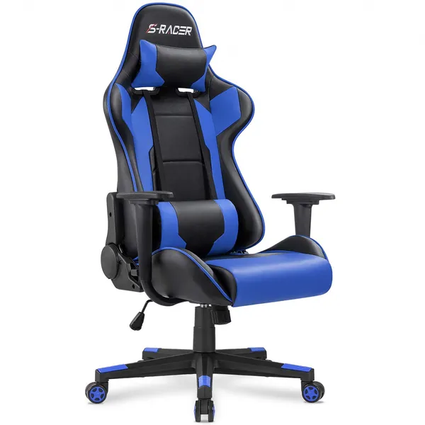 Homall Gaming Chair Office Chair High Back Computer Chair Leather Desk Chair Racing Executive Ergonomic Adjustable Swivel Task Chair with Headrest and Lumbar Support (Blue) - Blue