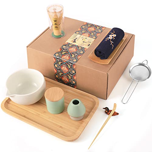 Artcome Japanese Matcha Tea Set, Matcha Bowl with Pouring Spout, Tea Tray, Bamboo Whisk, Ceramic Whisk Holder, Handmade Matcha Ceremony Kit For Japanese Tea Ceremony (10Pcs) - Grey Bowl