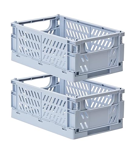 HUUSMOT 2-Pack Small Pastel Plastic Storage Baskets, Collapsible Crates for Organizing, Space-Saving Mini Bins for Classroom, Kitchen, Office, Bedroom (Blue, 9.8" x 6.5" x 3.8") - Blue-2Pack - Medium:9.8" x 6.5" x 3.8"