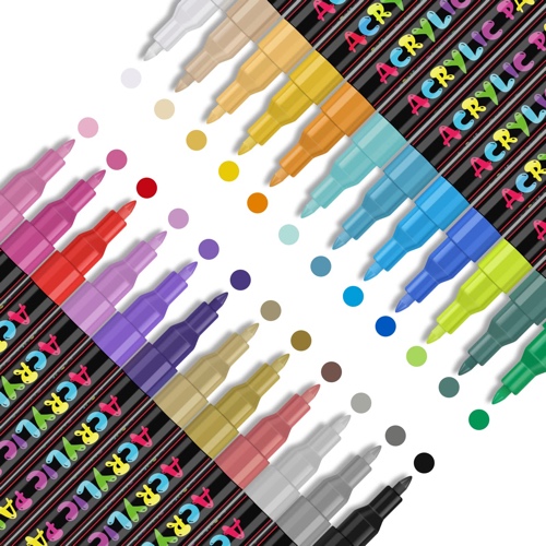 IVSUN 24 Colors Acrylic Paint Marker Pens, Premium Extra Fine Point Acrylic Paint Pens for Wood, Canvas, Stone, Rock Painting, Glass, Ceramic Surfaces, DIY Crafts Making Art Supplies - 24 PCS（0.7mm）