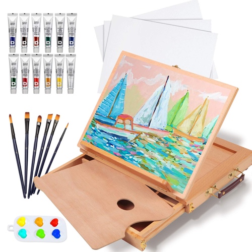Falling in Art Tabletop Easel Set - 24 Pieces Starter Kit - Artist Acrylic Painting Kit with 12 Acrylic Paints Set, Canvas Panels, Brushes, Wooden Palette for Kids, Adults, Beginners, Professionals - 24 PCS Drawer Easel Painting Set