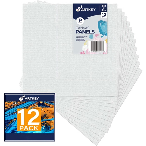 Canvas Panels 4x4 Inch 12-Pack, 10 oz Triple Primed Acid-Free 100% Cotton Blank Small Canvases for Painting, Square Flat Canvas Board for Oil Acrylics Watercolor & Tempera Paints - 4x4" 12