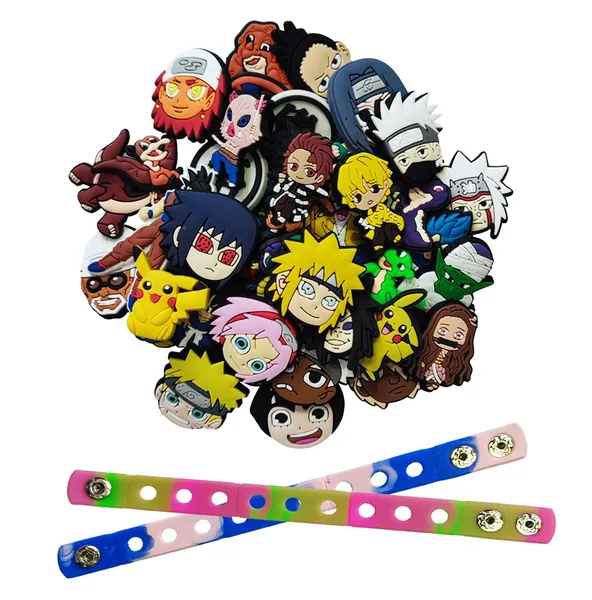 41PCS Anime Croc Shoe Charms, 4 Different Anime Crocs Charms with 2PCS Wristband Bracelets for Kids Adults Crocs Accessories(43PCS)