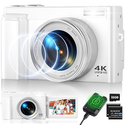 Digitalkamera 4K, 48MP Autofokus Kamera Fotokamera mit 32GB Karte, 2.7'' 180° Filp-Bildschirm Vlogging Kamera für YouTube 16x Zoom Fotoapparat, Kompaktkamera für Teens Anfänger Erwachsene-Weiß - Weiß
