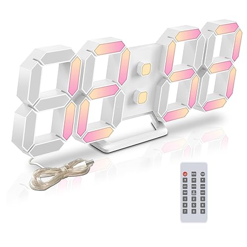 Deeyaple LED Wanduhr Digital Wecker 3D Uhr Dimmbar Snooze USB 12/24Stunden Datum Temperaturanzeige Fernbedienung Nachtlicht Wohnzimmer Küche Schlafzimmer Büro 25cm (Bunt) - Bunt - 25CM
