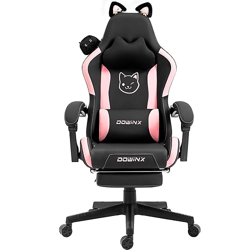 Dowinx Gaming Stuhl - Süße Katze Edition - Ergonomischer Computerstuhl mit Hoher Rückenlehne und Lendenwirbelstütze, PU-Leder, Fußstütze, Schwarz - Schwarz - Kaninchen