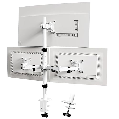 PUTORSEN Monitor Halterung 3 Monitore für 13-32 Zoll Flach & Curved Bildschirm, 80cm Stange Monitor Tischhalterung Schwenkbar Neigbar Höhenverstellbar, 9 kg pro Arm, VESA 75x75/100x100, Weiß - Weiß