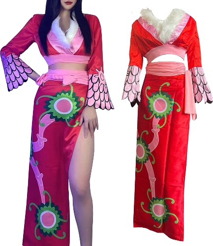 IM-SMELTER Boa Hancock Cosplay Costume, Earrings, Short Top Long Skirt Kimono Element Wind, Snake Girl Red Cheongsam Halloween Dress Up Set - Medium Hancock-kimono