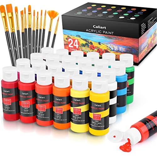Caliart Acrylic Paint Set with 12 Brushes, 24 Colors (59ml, 2oz) Art Craft Paints Gifts for Artists Kids Beginners & Painters, Halloween Pumpkin Canvas Ceramic Rock Painting Kit Art Supplies - Multicolor