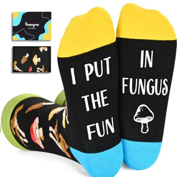 HAPPYPOP Funny Mushroom Gifts Mushroom Socks, Cool Gifts For Mushroom Lovers, Mushroom Socks For Men Women Teens, Plant Lover Gifts For Nature Lovers - Medium - Mushroom Black Fun in Fungus