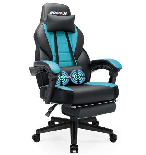 BOSSIN Gaming Chair, Leather Computer Desk Chair with Footrest and Headrest, Ergonomic Heavy Duty Design, Large Size High-Back E-Sports, Big and Tall Gaming Chair - Tiffany Blue