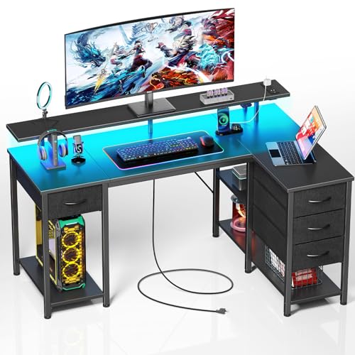Seventable L Shaped Computer Desk with Drawers 47.2 inch, Gaming Desk with Power Outlets & LED Lights,Reversible Office Desk with Storage Shelves, Corner Desk with Monitor Stand for Black - Black - 47.2 inch