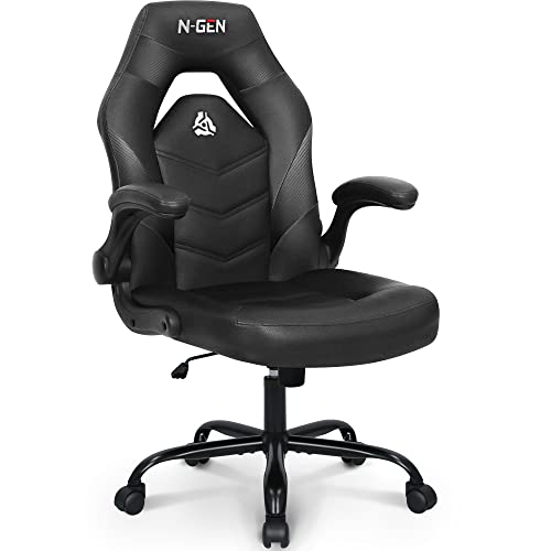 N-GEN Video Gaming Computer Chair Ergonomic Office Chair Desk Chair with Lumbar Support Flip Up Arms Adjustable Height Swivel PU Leather Executive with Wheels for Adults Women Men (Black) - Black
