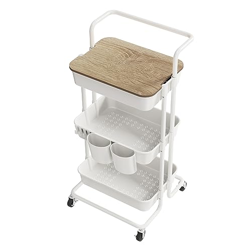 DTK 3 Tier Rolling Utility Cart with Cover Top Board, Movable Kitchen Storage Cart Trolley with Lockable Wheels, Cups, Hooks for Kitchen Bathroom Home Office Art Craft Storage and Organization(White) - Medium-Plastic&Metal - White