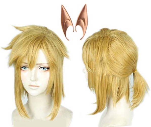 Linfairy Short Blonde Wig Halloween Cosplay Wig For Men Braid with 2 Elf Ear