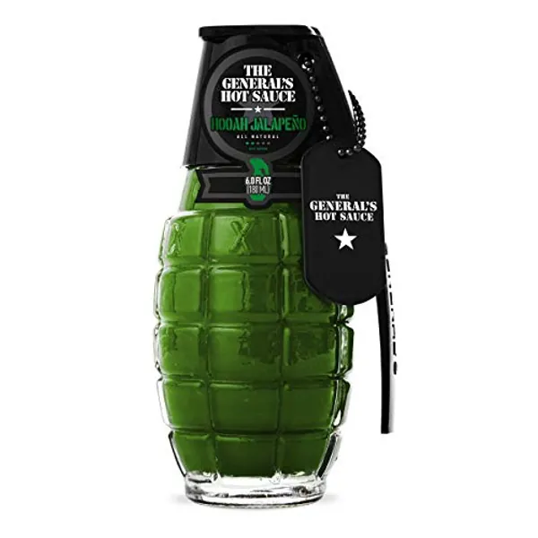 The General's Hot Sauce Hooah Jalapeno: American Grown,Veteran Owned. All-natural, jalapeno hot sauce in glass hand grenade bottle with metal dog tag. Made in USA with aged American grown peppers.