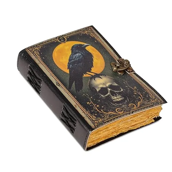 Handmade Leather Gothic Journal – Vintage Raven Skull Notebook, Witchcraft Grimoire & Spell Book, Wiccan Journal for Spells & Rituals, Dark Aesthetic Notebook for Writing, Tarot, and Halloween Gifts - The Raven Skull