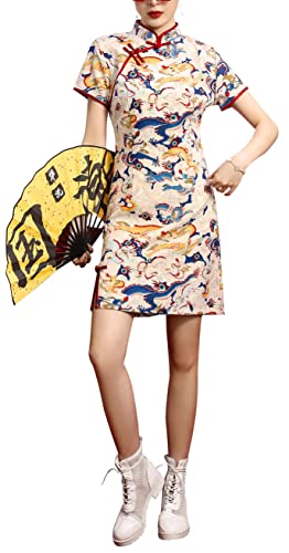 Women's Vintage Chinese Cheongsam Print Dress Short Sleeve Retro Side Slit Mini Bodycon Dress - 8 - 21509 Print